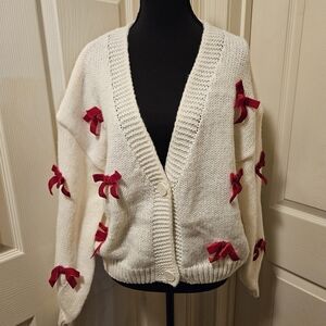 Luna Ivy By Anthropologie Feminine Red Bow Cardigan Sweater Size Medium NWT
